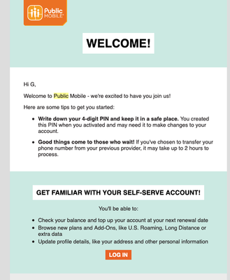 Public Mobile welcome email