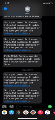 Notice the random plan upgrade notification and seconds later, the messages stating  my plan does not include text or phone calls,