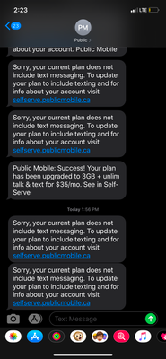 Notice the random plan upgrade notification and seconds later, the messages stating  my plan does not include text or phone calls,