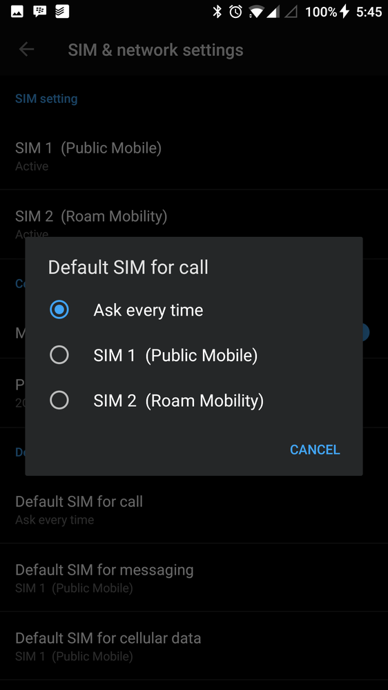 Possible options for phone call defaults